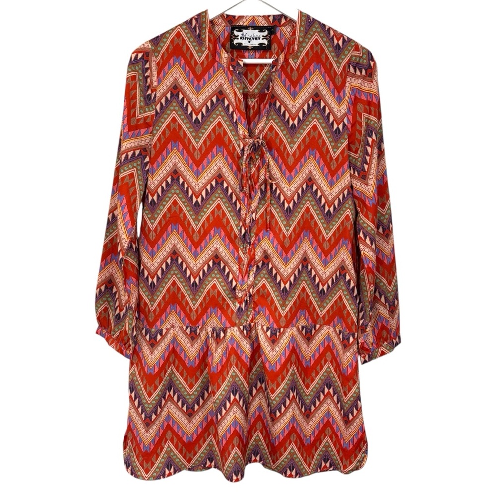 Meghan Colorful Retro Shift Lace Up Long Sleeve Colorful Fall Dress Size Small